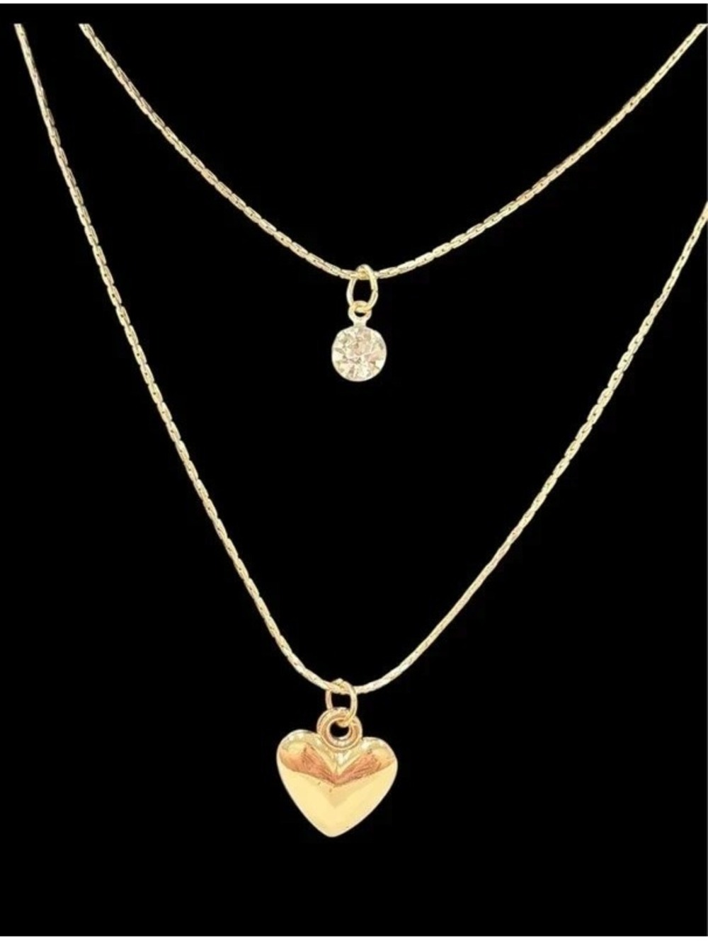 Layered Tone Necklace – Heart Pendant & Crystal Charm